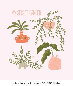 Cute mystical potted flowers isolated on the pink background with lettering - my secret garden. Card design with vector home flowers. Botany art print  design.