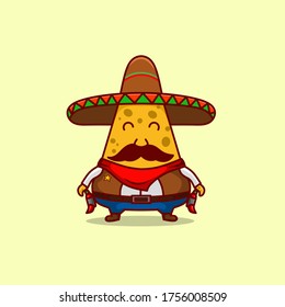 Cute Nachos cartoon character in cowboy sherif style.Funny mexican food vector cartoon illustration isolated on background.