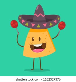 Cute Nachos character in sombrero with maracas. Funny mexican food vector cartoon illustration isolated on background.