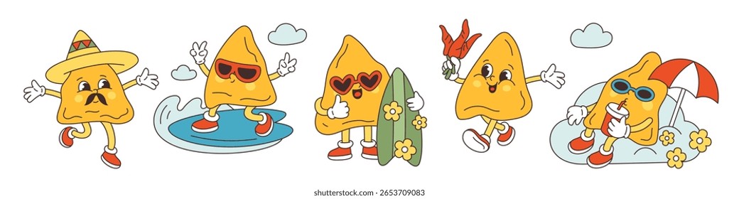 Caracteres nachos bonitos. Chips de milho groovy engraçado, lanches triangulares felizes com rostos e bigode, pés e mãos, mascote mexicano tradicional em sombrero, fast food, conjunto de vetor de jardinagem de desenho animado