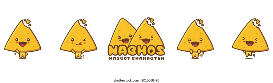 cute nachos mascot, food cartoon illustration, with different facial expressions and poses, isolated on a white background