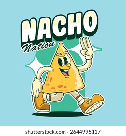 Personagens de Cartoon de Comida Mexicana Cute Nachos na ilustração Retro 70s