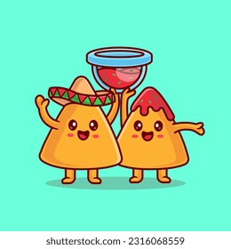Cute Nachos Wearing Hat And Holding Chili Sauce Cartoon Vector Icon Illustration. Food Holiday Icon Concept Isolated Premium Vector. Flat Cartoon Style