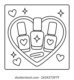 Cute Nail Polish Coloring Page with Heart-Shaped Tray – Fun Beauty Vector for Girls and Kids Activities