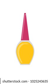 Cute nail polish template vector illustration of yellow varnish, pretty bottle with pink lid, lot of reflections, banner isolated on white backdrop