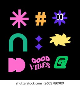Cute and naive abstract shape sticker pack. Elements in trendy 90s retro cartoon style. Vector illustration with wavy geometric elements. Brutalism aesthetics.