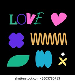 Cute and naive abstract shape sticker pack. Elements in trendy 90s retro cartoon style. Vector illustration with wavy geometric elements. Brutalism aesthetics.
