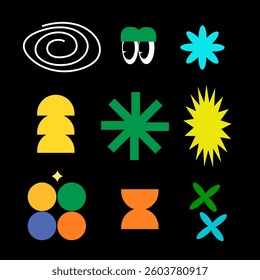 Cute and naive abstract shape sticker pack. Elements in trendy 90s retro cartoon style. Vector illustration with wavy geometric elements. Brutalism aesthetics.