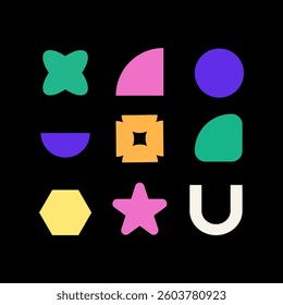 Cute and naive abstract shape sticker pack. Elements in trendy 90s retro cartoon style. Vector illustration with wavy geometric elements. Brutalism aesthetics.