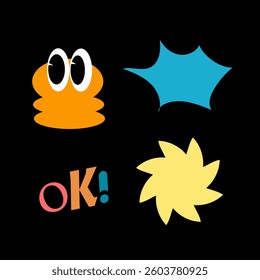 Cute and naive abstract shape sticker pack. Elements in trendy 90s retro cartoon style. Vector illustration with wavy geometric elements. Brutalism aesthetics.