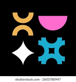 Cute and naive abstract shape sticker pack. Elements in trendy 90s retro cartoon style. Vector illustration with wavy geometric elements. Brutalism aesthetics.