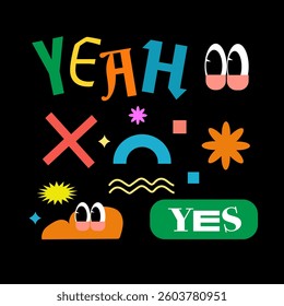 Cute and naive abstract shape sticker pack. Elements in trendy 90s retro cartoon style. Vector illustration with wavy geometric elements. Brutalism aesthetics.