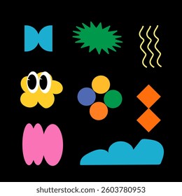 Cute and naive abstract shape sticker pack. Elements in trendy 90s retro cartoon style. Vector illustration with wavy geometric elements. Brutalism aesthetics.