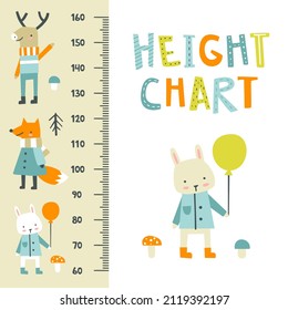 Cute Naive Animals Height Chart. Baby Height Scale For Nursery. Children Stadiometer.