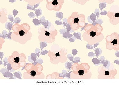 Cute naive art floral watercolor seamless pattern