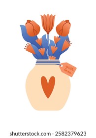 Cute naive clipart with vase full of spring flowers, plants, tulips, leaves. Vector illustration for greeting card, banner, sticker. Flat Design. Hello Spring. Romantic clip art with floral elements.