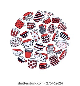Cute naive cups circle background. Kids style drawing. Light blue, red, white and dark blue