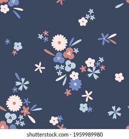 Cute naive daisy flowers seamless vector pattern. Petite floral ditsy calico spring bloom dark background Childish decorative spring bloom backdrop 