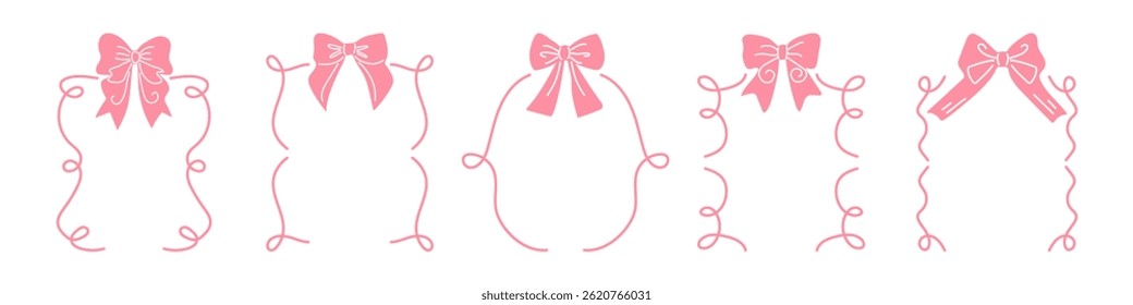 Cute naive frames with bows. Doodle set of pink frames with ribbons. Vector.