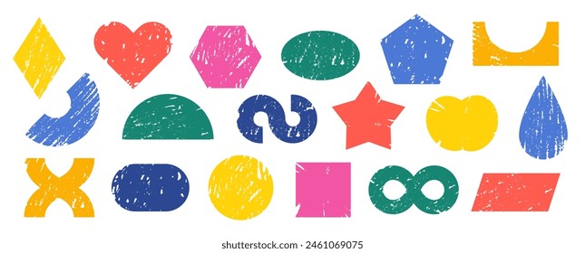 Cute naive funky abstract doodle shapes. Various vector modern kids sketched geometric shapes. Circle, rectangle, triangle and hexagon. Heart, water drop, star, apple, infinity sign, rainbow stickers