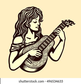 Cute naive girl playing acoustic guitar vector black and white monochrome simple illustration engraving style