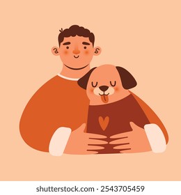 Linda ilustración ingenua con el dueño del perro y el joven, que abraza a su cachorro. Personaje alegre de dibujos animados masculinos y perro doméstico en suéteres. Arte de Clip aislado moderno. Estilo plano.