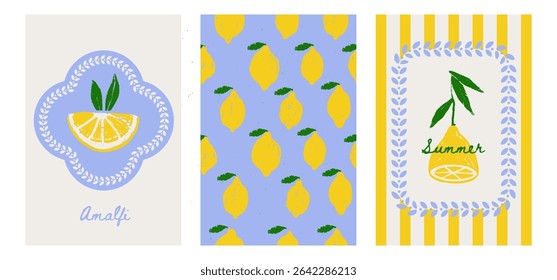 Cute naive Italy Amalfi poster cover template design set. Italian dolce vita vector illustration theme for Summer background card print with lemons. Textured pencil drawing