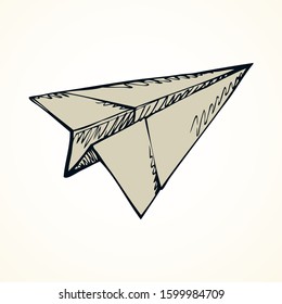 Cute naive kids fun aerial plain vehicle soar high in heaven isolated on white backdrop. Freehand outline ink pen drawn picture icon sketch in scribble retro style. Top view with space for text on sky
