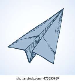 Cute naive kids fun aerial plane vehicle soar high in sky isolated on white backdrop. Freehand outline ink pen drawn picture icon sketch in scribble retro style. Top view with space for text