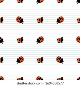 Cute naive ladybug bug seamless vector pattern. Hand drawn red spotted wildlife insect on striped background. Critter entomology home decor. Ecology, ladybird all over print. 