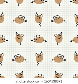 Cute naive mouse doodle seamless vector pattern. Hand drawn pest animal rodent on striped background. wildlife pet rat home decor. 