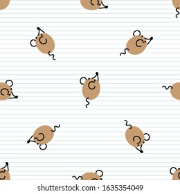 Cute naive scattered mouse doodle seamless vector pattern. Hand drawn pest animal rodent on striped background. wildlife pet rat home decor. tail, cheese, mice, toy, paw all over print. 