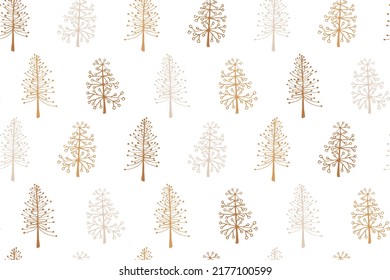 Cute naive seamless Christmas pattern with Christmas trees in minimal style. Vector background. Set of different Christmas trees, toy, snow, ball. Wrapping paper, fabric, textiles.