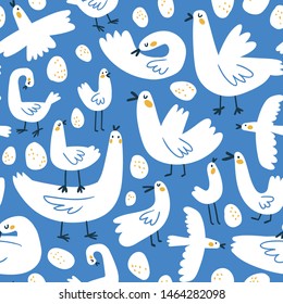 Cute naive seamless pattern with stylized birds and eggs.  Kids design for fabric or wallpaper. 