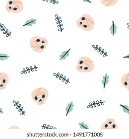 Cute and naive skulls and plants. Vector seamless pattern