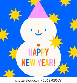 Cute naive snowman. New Year greeting card. Vector illustration