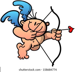 Cute naked Cupid preparing his shot, staring at the target by clenching an eye and drawing the bow to propel an arrow with a heart head