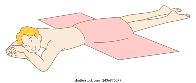 Lindo hombre desnudo acostado en su estómago esperando un masaje. Vector de ilustración simple