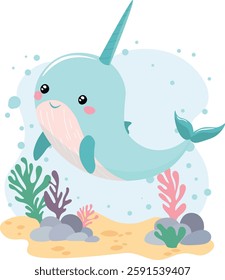 Cute narwhal against the backdrop of the sea. Postcard, sticker. Children's educational material