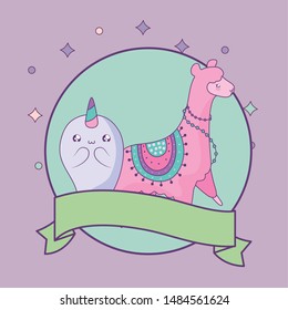 cute narwhal with alpaca fairytale kawaii style