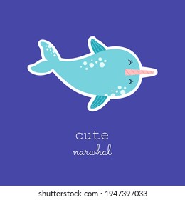 Cute narwhal back sticker, kawaii baby whale character. Hand drawn fun ocean animal with pink horn, pastel color, modern trendy vector illustration in flat cartoon style, isolated on blue background