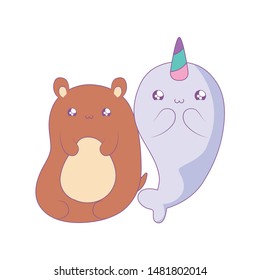 cute narwhal with bear baby animals kawaii style