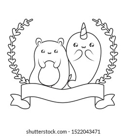 cute narwhal with bear baby animals kawaii vector illustration design