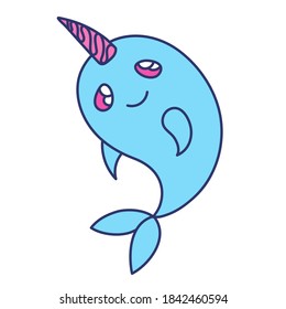 Cute narwhal with big kawaii eyes - isolated vector illustration. Sticker of horned chibi whale. Design element for baby shower, kids party in style Under the Sea or childish game