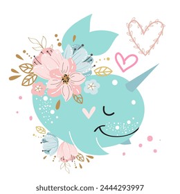Cute narwhal in boho style on a white background isolated. Vector illustration for children. Underwater inhabitants
