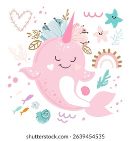Cute narwhal in boho style on a white background. Vector illustration for children. Underwater inhabitants