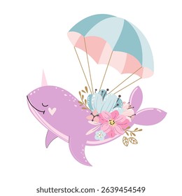 Cute narwhal in boho style. Vector whales illustration for children. Perfect for baby shower, birthday, greeting card, posters