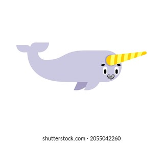 Cute narwhal. Cartoon small Arctic whale with horn.