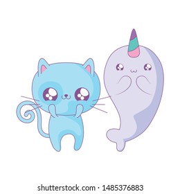 cute narwhal with cat baby animals kawaii style