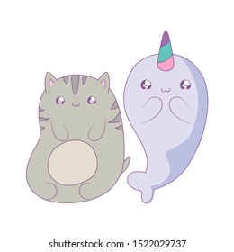 cute narwhal with cat baby animals kawaii style vector illustration design
